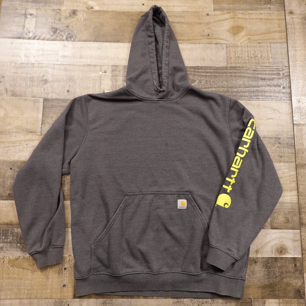 Carhartt Loose Fit Hoodie Men’s XL Gray Yellow Logo Workwear Pullover